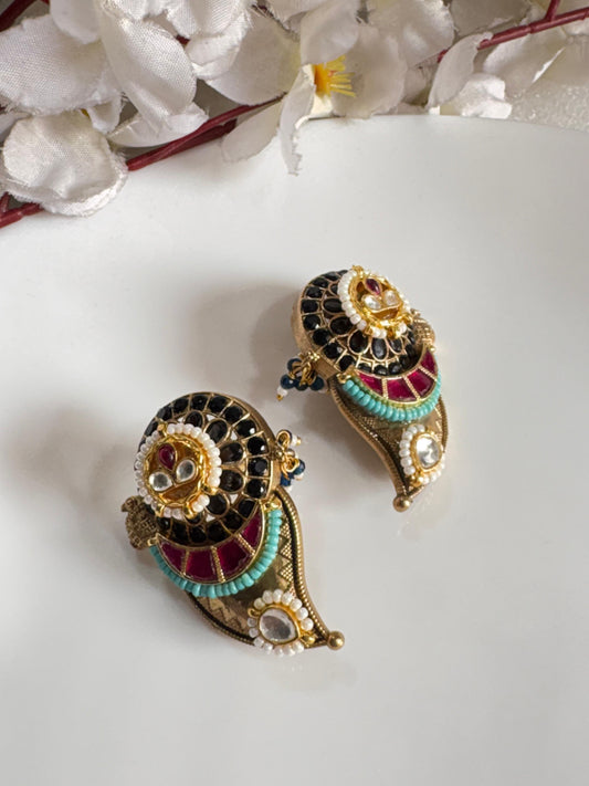 Gold Matt Apala Polish Earrings With Kundan Fusion Traditional Statement Earrings Ready Stock Alankrent Ak Er by Alankrent