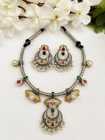 Mrinalika SLA Kundan Fusion Hasli Necklace Set with Earrings | Dual Tone Heritage Jewellery | Ready Stock