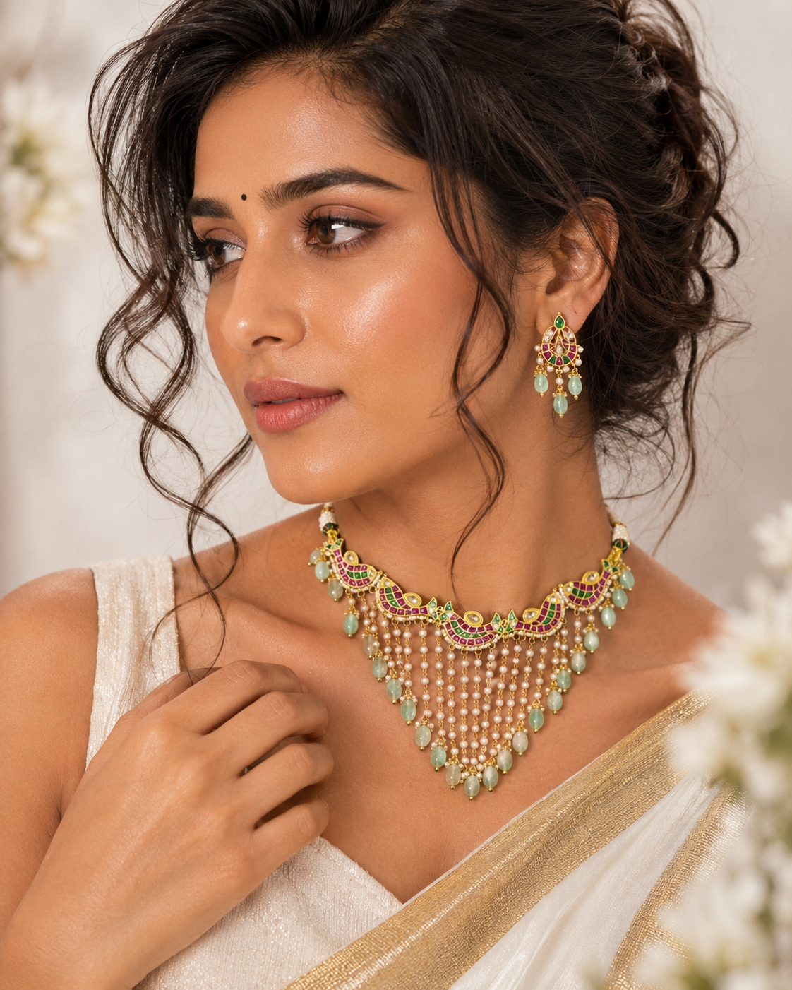 Mayurika Kundan Fusion Neck-Hugging Choker with Pearl and Green Bead Drops
