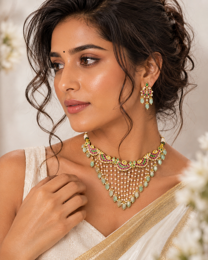 Mayurika Kundan Fusion Neck-Hugging Choker with Pearl and Green Bead Drops