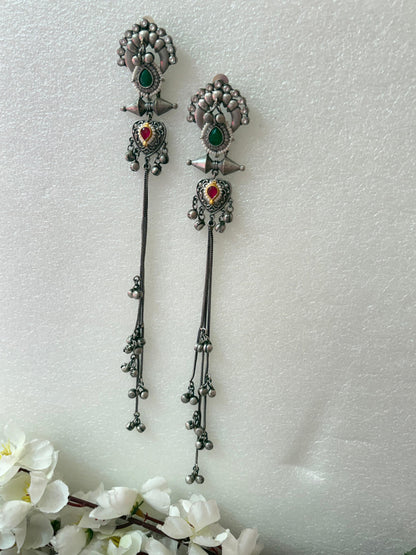 Tribal Long Chain Earrings with Coloured Stones | Festive Latkan Jewellery