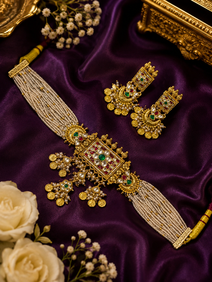 Rajeshwari Heritage Jadtar Gold Lookalike Choker Set with Earrings | Traditional Bridal Jewellery