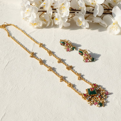 Green Kundan Pendant Necklace Set with Earrings | Traditional Temple Jewellery | Multicolor Beaded Chain Necklace