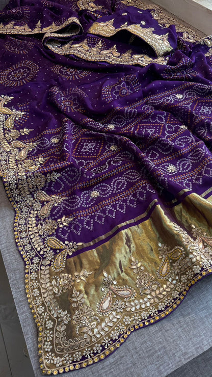Luxury Gajji Silk Bandhani Saree with Zardozi & Gotapatti Work – Designer Bridal Saree