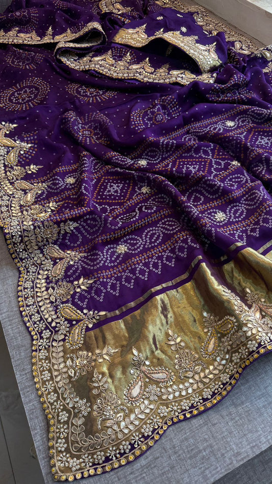 Luxury Gajji Silk Bandhani Saree with Zardozi & Gotapatti Work – Designer Bridal Saree