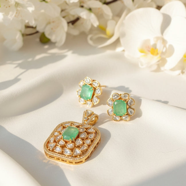 Original Moissanite Kundan Pendant Set | Luxury Without Chain | Alankrent DS712