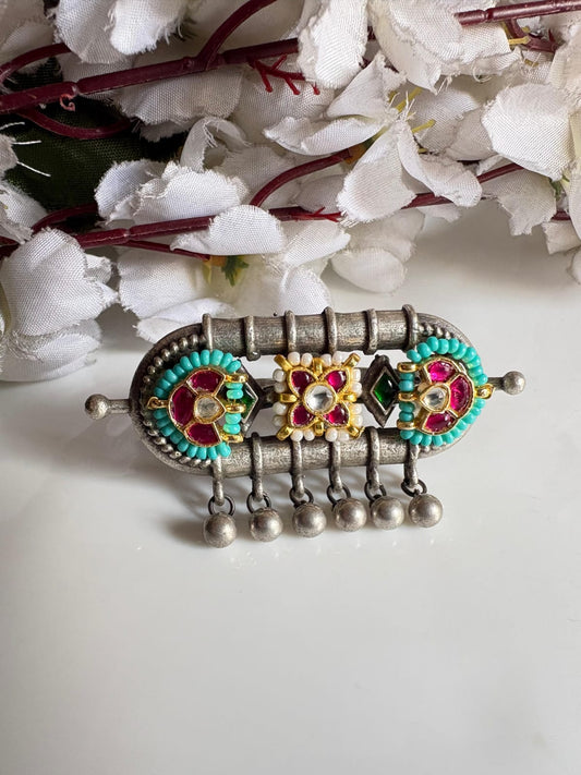 Upgraded Nayra Lotus Charm Oxidized Kundan Adjustable Ring