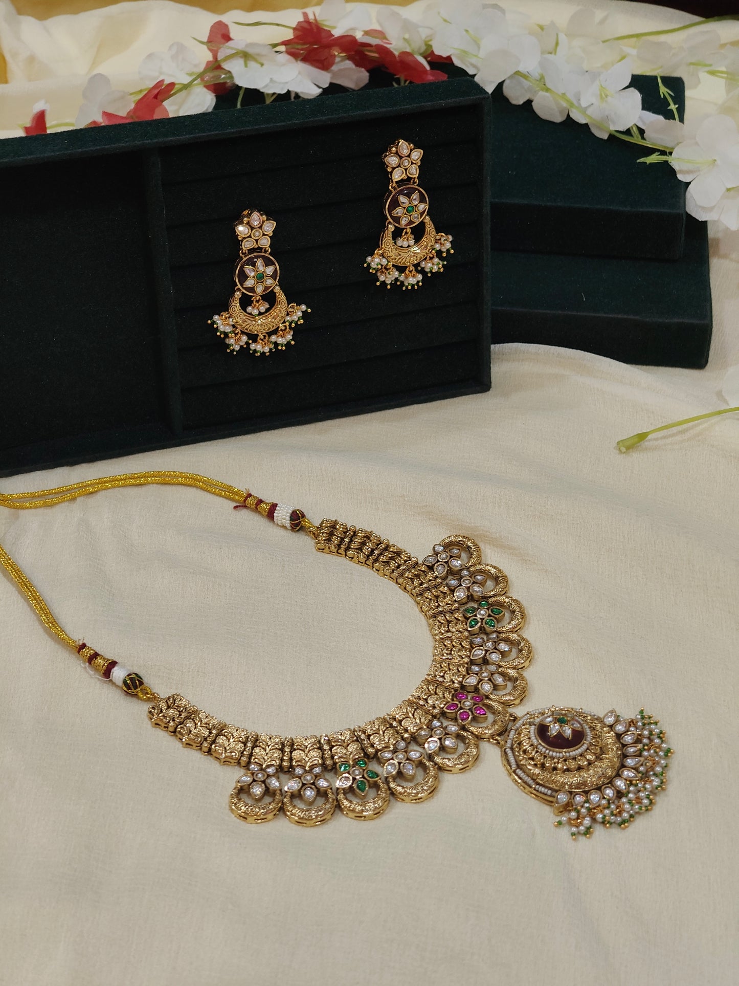 Rajeshwari Gold Look Polki Jadtar Necklace Set with Designer Earrings | Premium Bridal Jewellery
