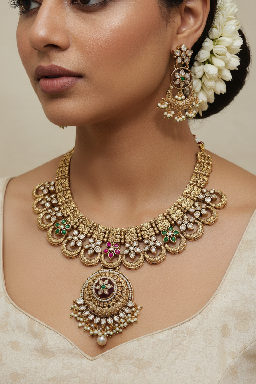 Rajeshwari Gold Look Polki Jadtar Necklace Set with Designer Earrings | Premium Bridal Jewellery