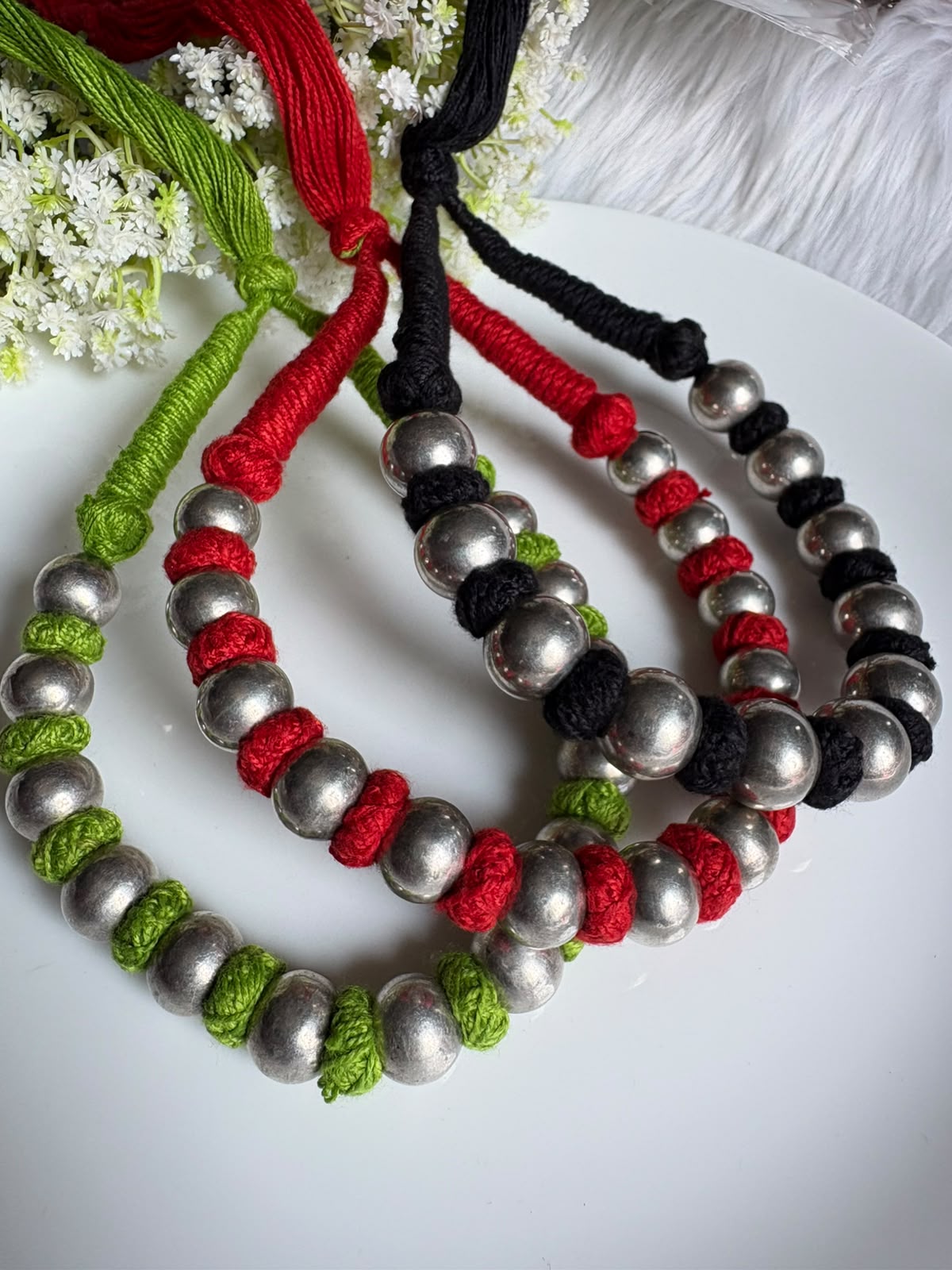 Vamika Sutra Handmade Thread Necklace with Silver-Tone Beads | Traditional Indian Ethnic Jewellery