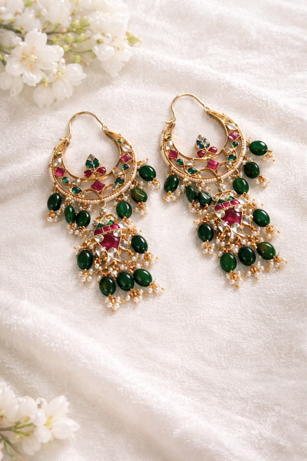 Zareen Kundan Hoop Dangler Earrings with Green Beads & Pearl Drops | Festive Wedding Earrings