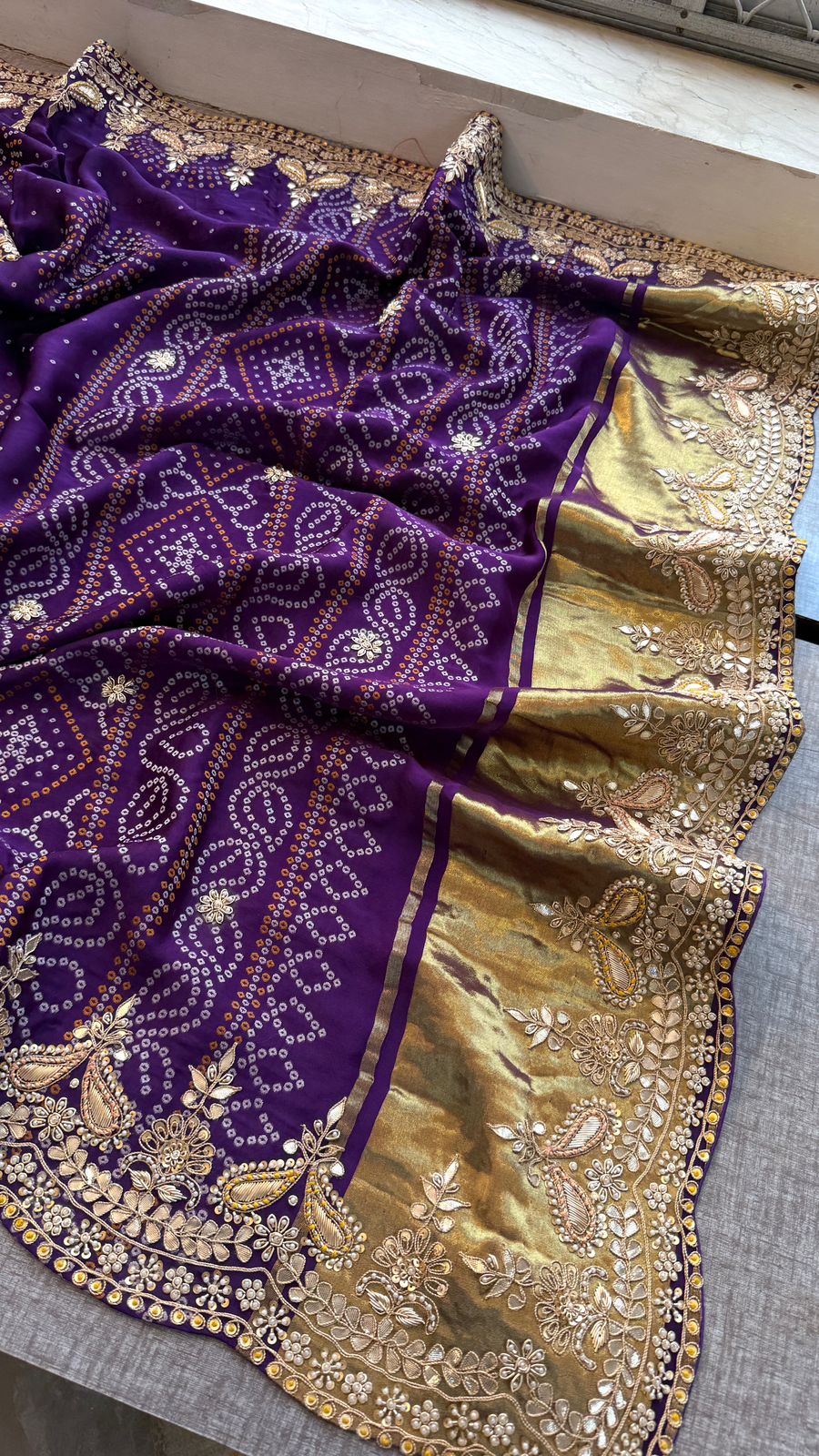 Luxury Gajji Silk Bandhani Saree with Zardozi & Gotapatti Work – Designer Bridal Saree