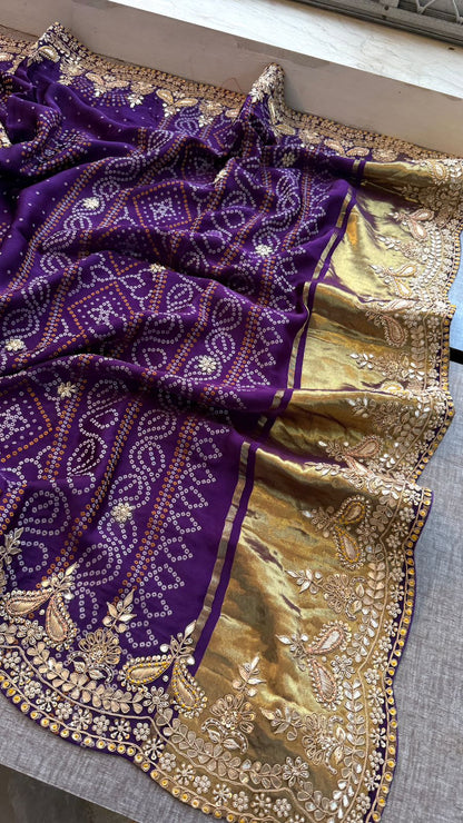 Luxury Gajji Silk Bandhani Saree with Zardozi & Gotapatti Work – Designer Bridal Saree