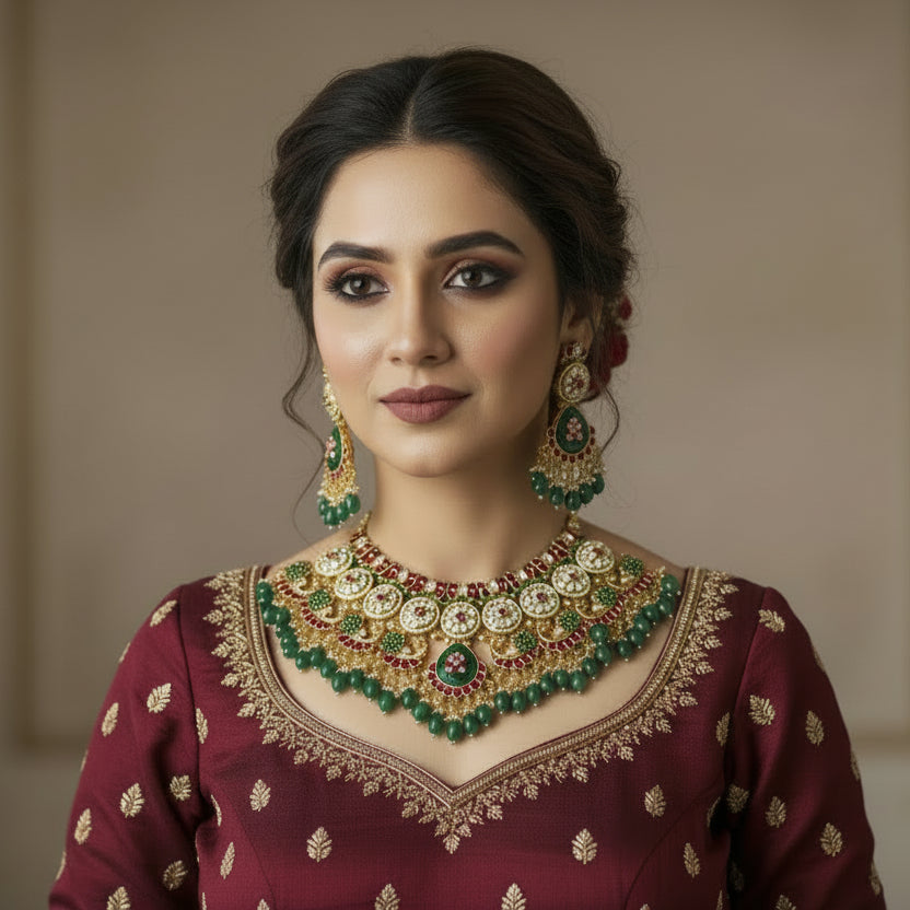 Emerald Kundan Peacock Choker Set with Earrings | Luxury Bridal Statement Necklace | Alankrent Signature Collection - Alankrent Luxe