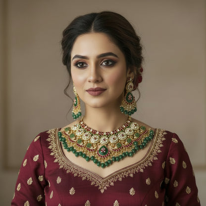 Emerald Kundan Peacock Choker Set with Earrings | Luxury Bridal Statement Necklace | Alankrent Signature Collection - Alankrent Luxe