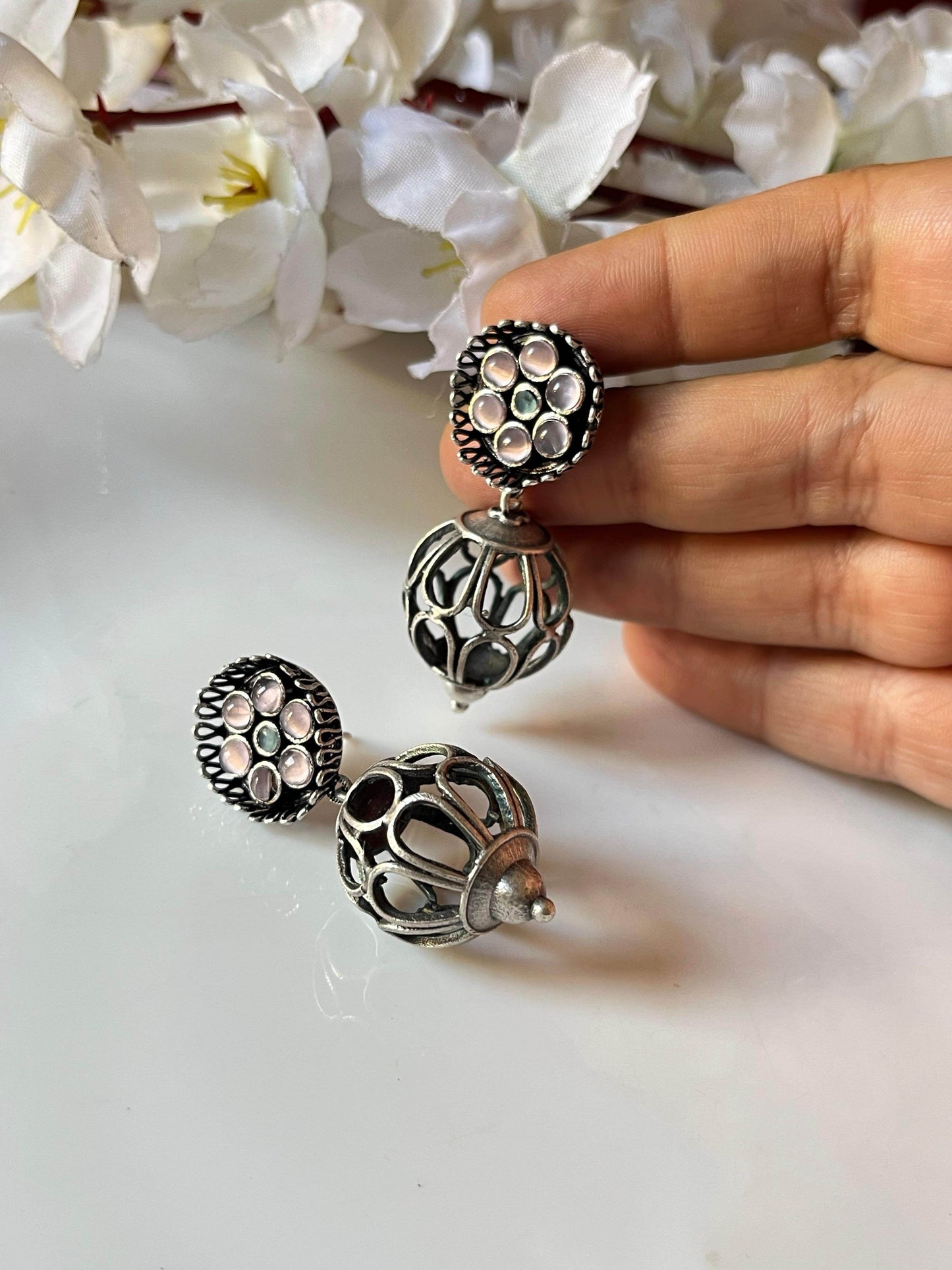 Silver lookalike Dome Jhumkas - Alankrent Luxe