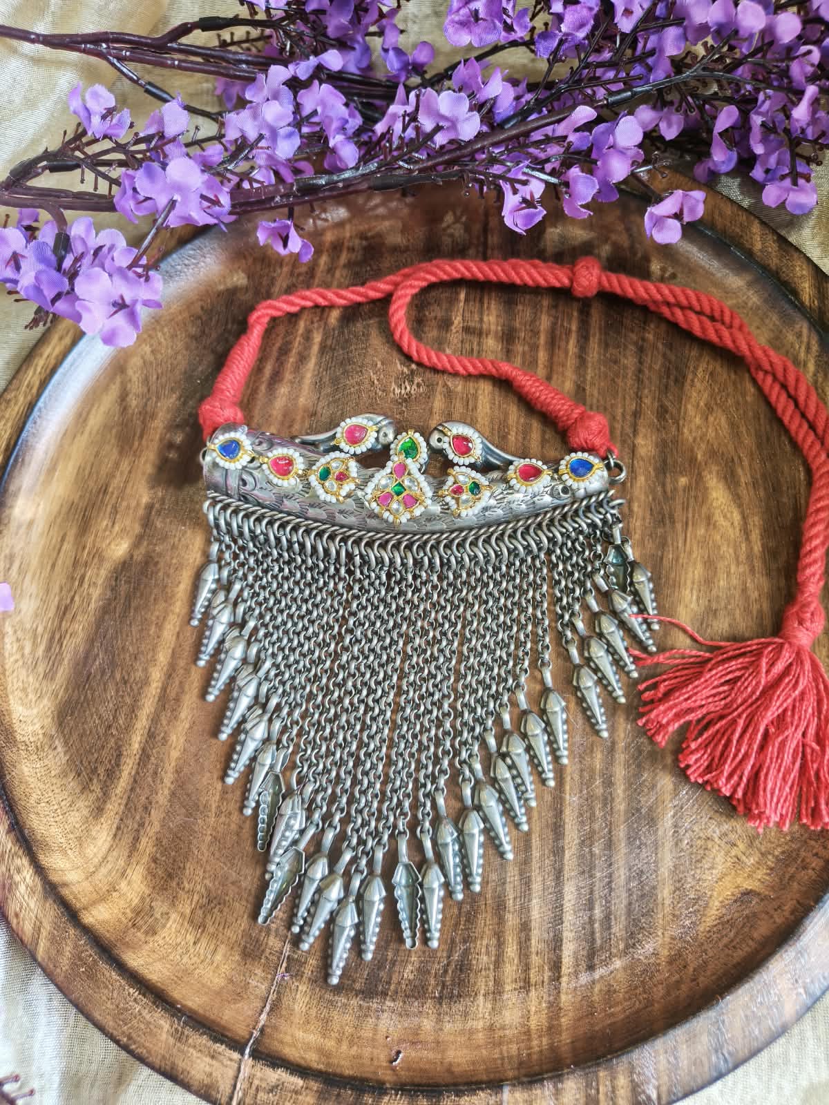 Rajwada Kundan Fusion Tribal Fringe Necklace in Silver Look SLA Polish