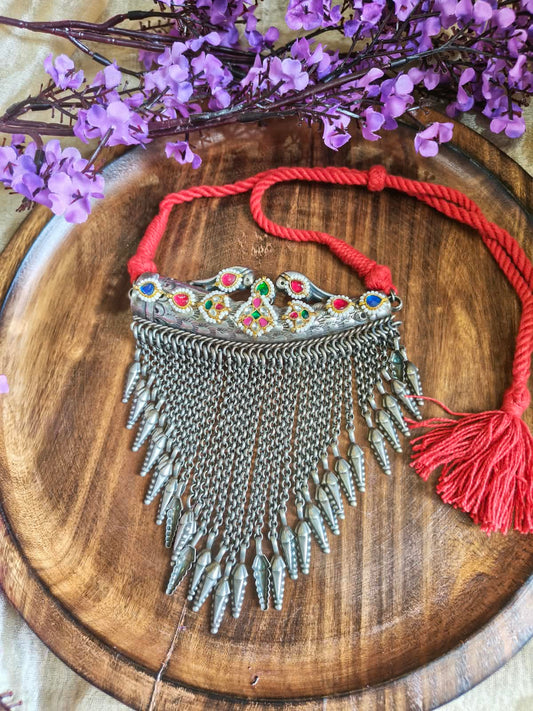 Rajwada Kundan Fusion Tribal Fringe Necklace in Silver Look SLA Polish