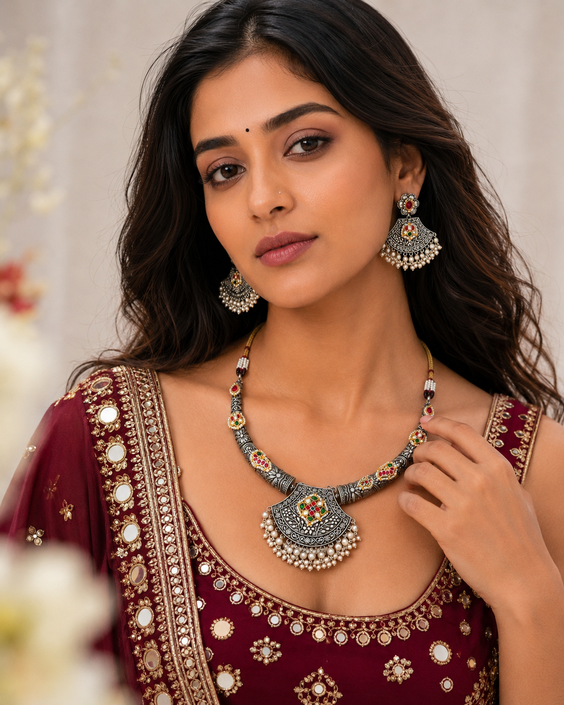 Muktalekha Pachi Kundan Fusion Pearl Hasli Necklace Set with Earrings | German Silver Heritage Jewellery | Alankrent Luxe