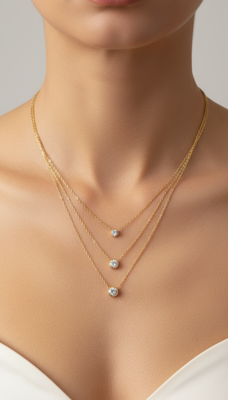 Celestia Triple Layer Gold Necklace | Three Crystal Drops for Elegant Layering