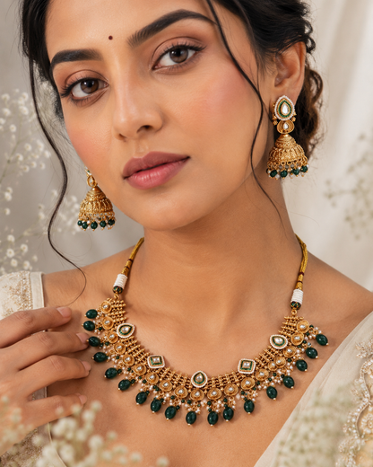 Mehera Gold Lookalike Jadtar Kundan Necklace Set with Green Bead Drops & Jhumka Earrings | Traditional Bridal Jewellery