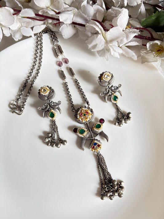 Budget Friendly Sla Long Necklace With Kundan Fusion Long Earrings Ready Stock Alankrent Ak Bk by Alankrent