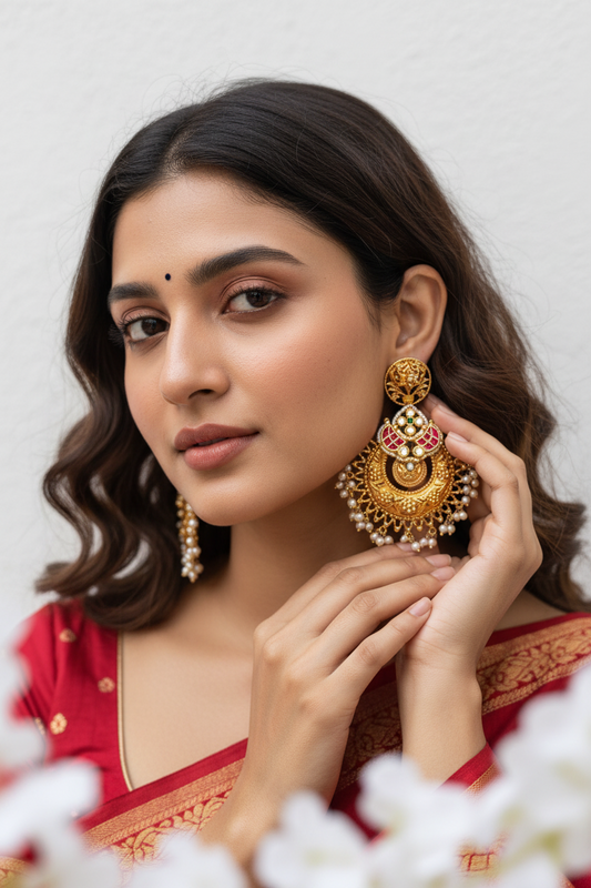 Mrinalini Gold Lookalike Chandbalis | Temple Pearl Earrings