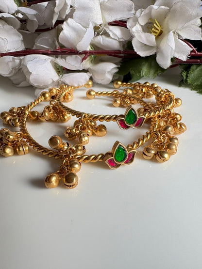 Kamalika Kundan Fusion Ghungroo Bangles | Golden Flexible Adjustable Bangles for Women