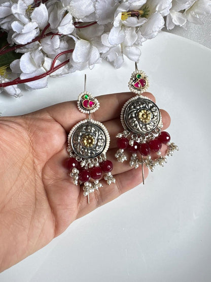 Mriganayani Dual Tone SLA Kundan Needle Earrings | Silver Look Pearl Beaded Ethnic Earrings for Women