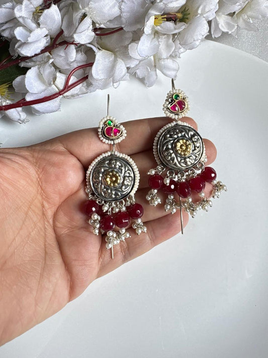 Mriganayani Dual Tone SLA Kundan Needle Earrings | Silver Look Pearl Beaded Ethnic Earrings for Women