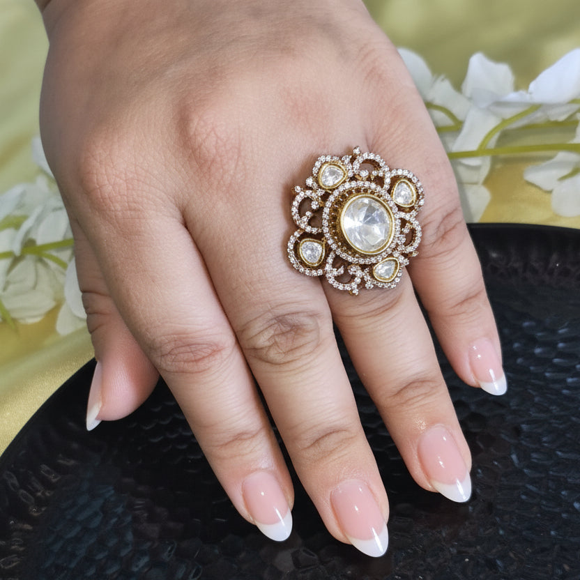 Ruhvika Polki Moissanite Statement Ring with CZ Diamonds Adjustable Cocktail Ring  | Moissanite Jewellery India | Premium Indian Jewellery
