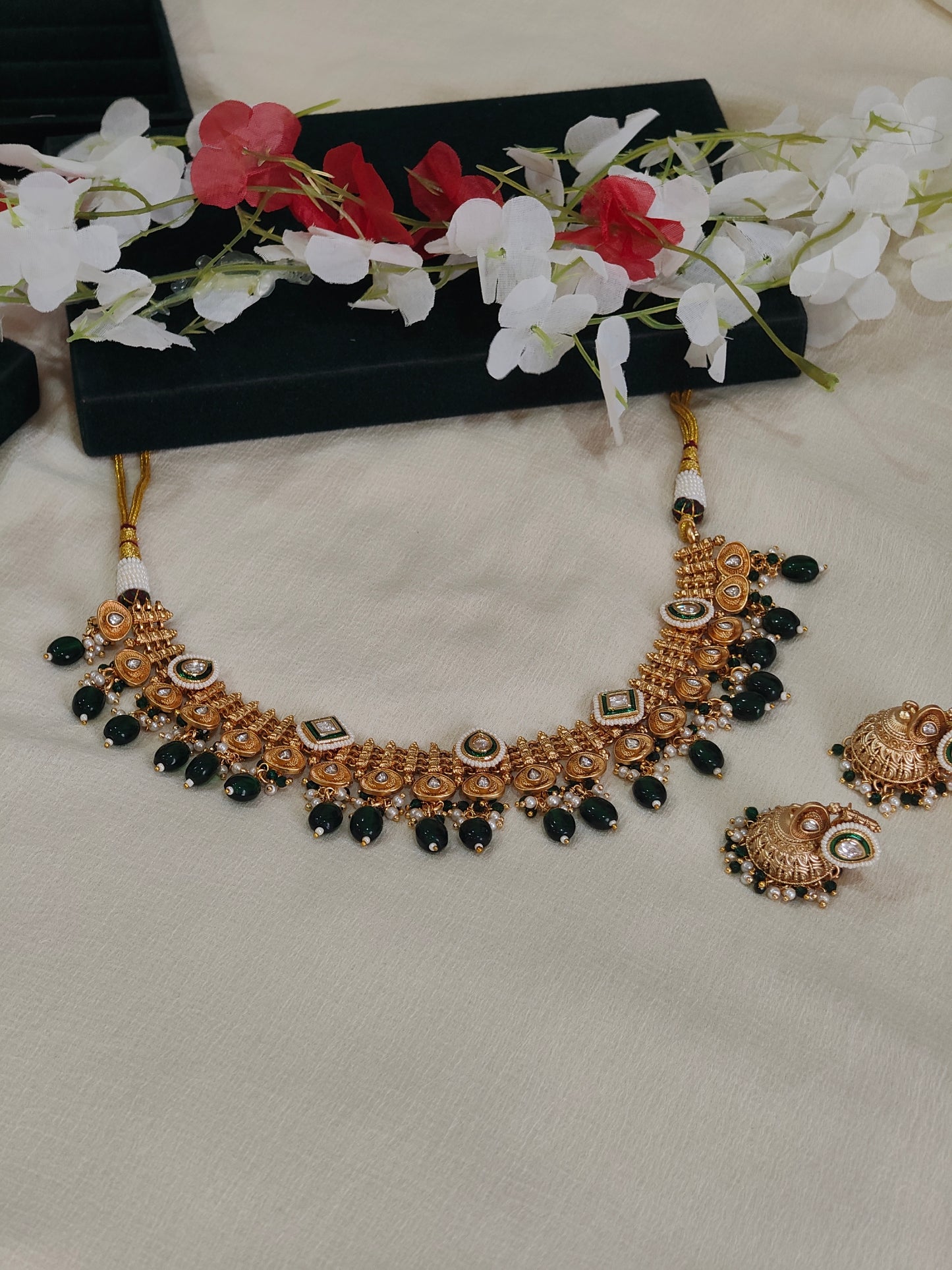 Mehera Gold Lookalike Jadtar Kundan Necklace Set with Green Bead Drops & Jhumka Earrings | Traditional Bridal Jewellery