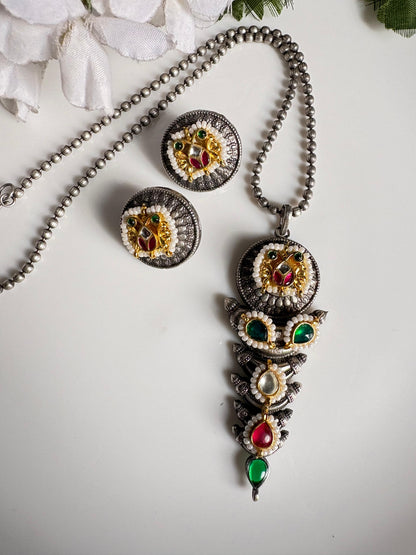Rudrani German Silver Long Kundan Fusion Pendant Necklace with Round Earrings