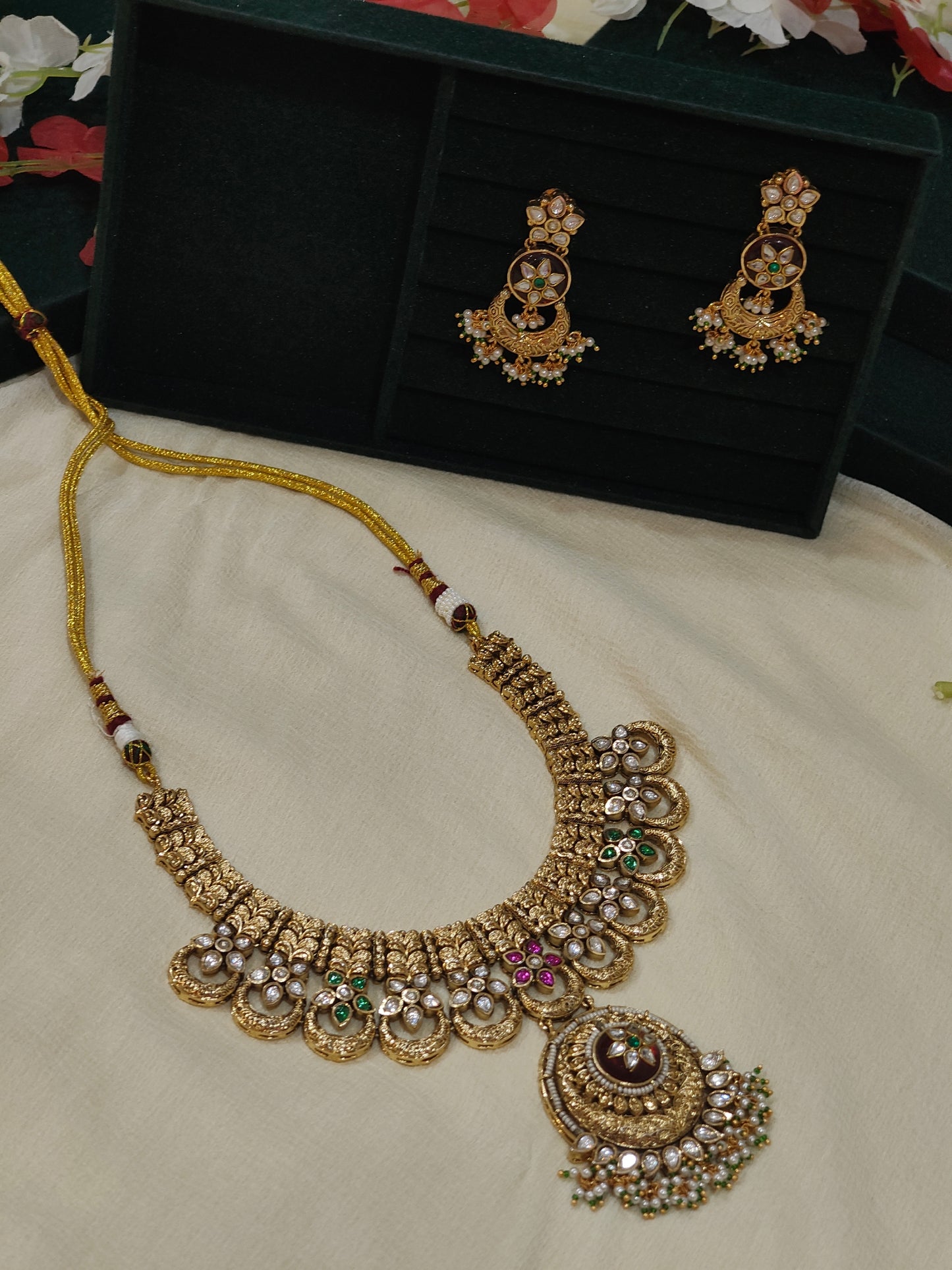 Rajeshwari Gold Look Polki Jadtar Necklace Set with Designer Earrings | Premium Bridal Jewellery