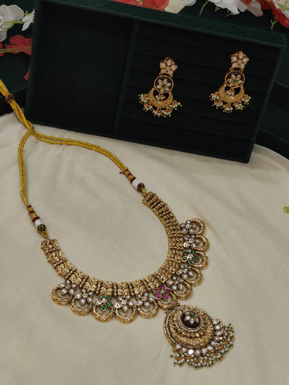 Rajeshwari Gold Look Polki Jadtar Necklace Set with Designer Earrings | Premium Bridal Jewellery