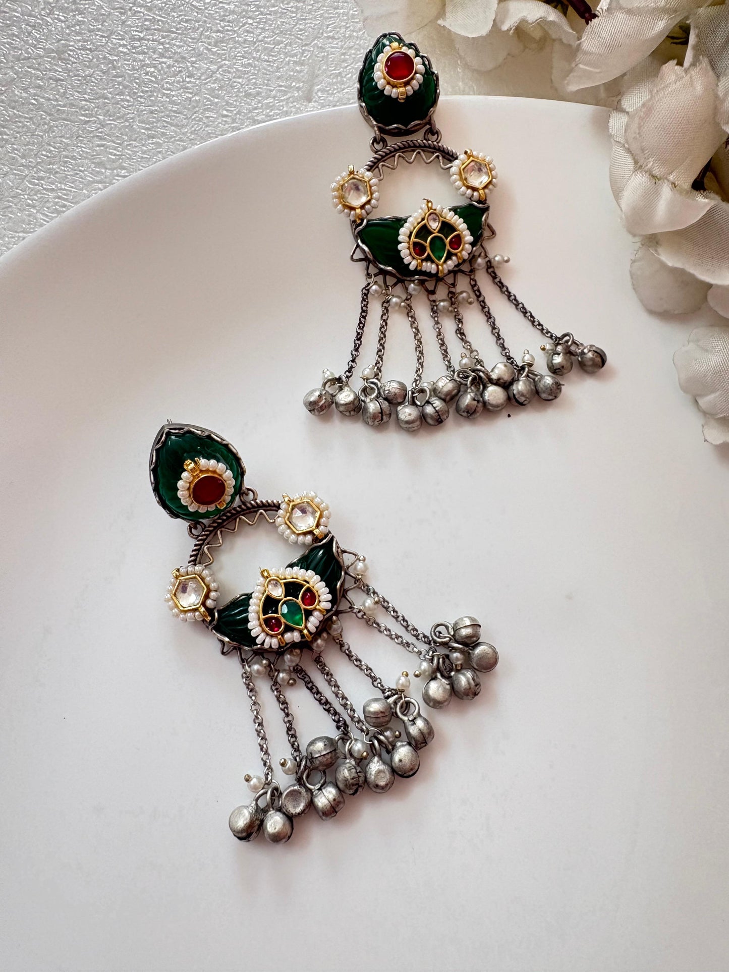Tribal Kundan Fusion Earrings | Silver Look Alike Polish | Handcrafted Brass Base with Pearl & Stone Detailing – Available in Pink, Red & Green