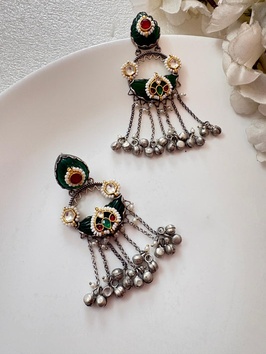 Tribal Kundan Fusion Earrings | Silver Look Alike Polish | Handcrafted Brass Base with Pearl & Stone Detailing – Available in Pink, Red & Green