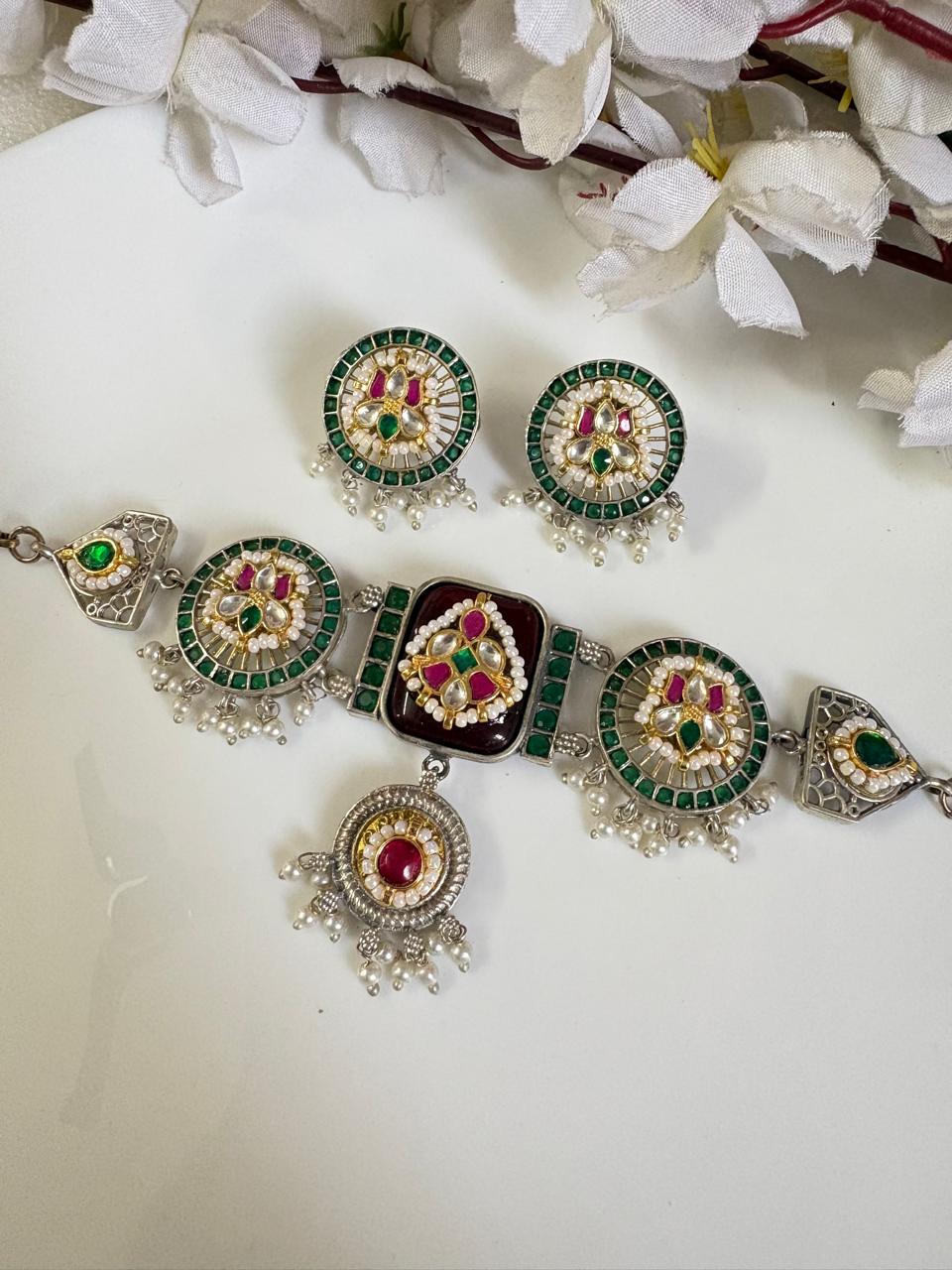 Green Kundan Dual-Tone Choker Set with Pearl Drops & Matching Earrings | Alankrent
