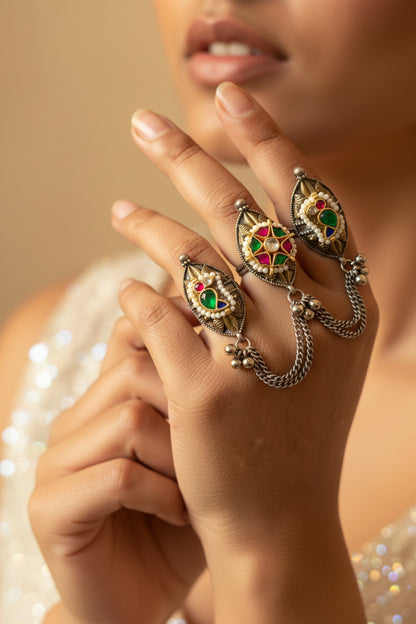 Rajwadi Trinetra Triple Finger Ring | Dual-Tone Kundan Statement Hand Jewellery