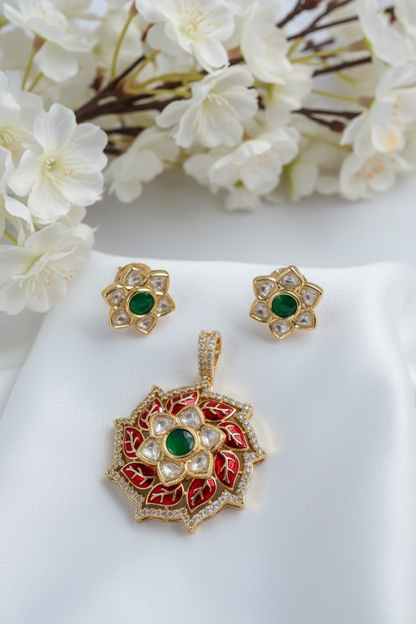 Original Moissanite Kundan Pendant Set | Luxury Without Chain | Alankrent DS391