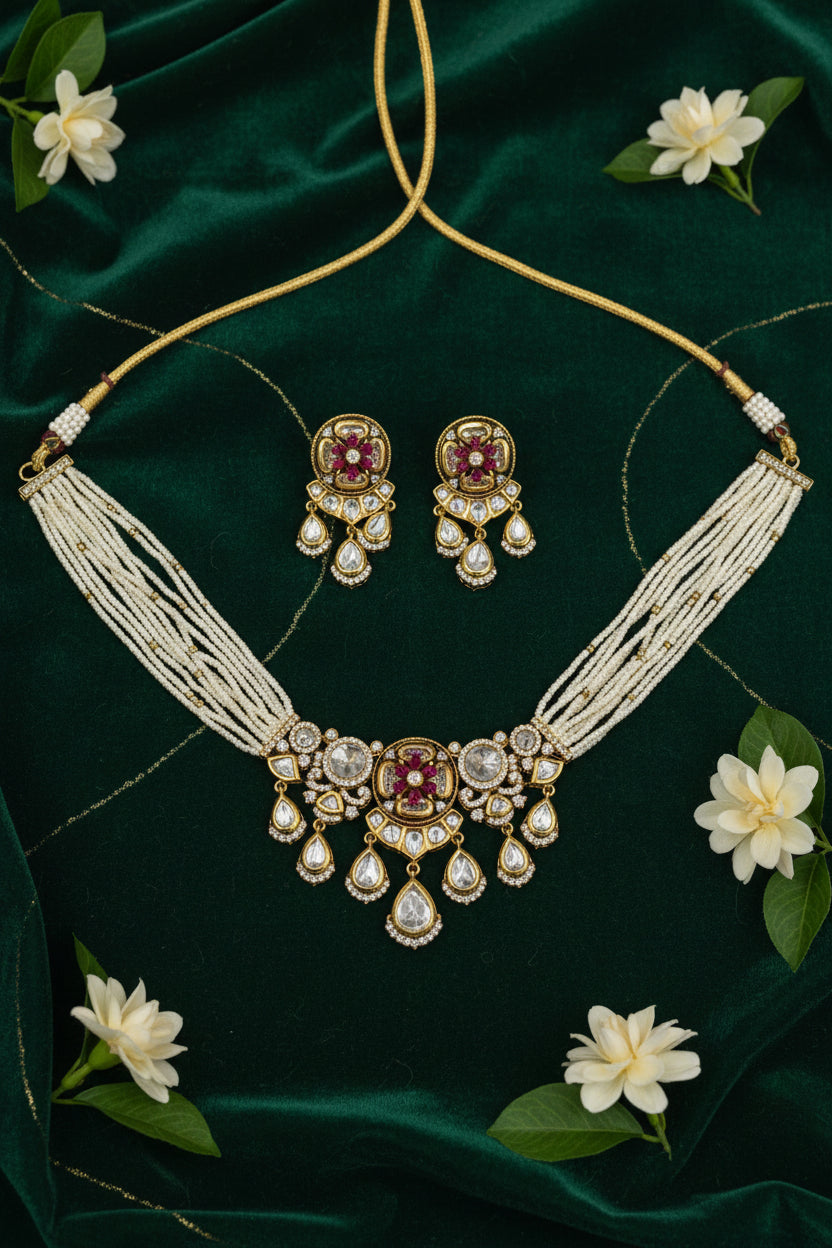 Aaradhya Polki Moissanite Pearl Choker Necklace Set with Earrings