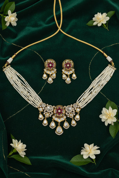 Aaradhya Polki Moissanite Pearl Choker Necklace Set with Earrings