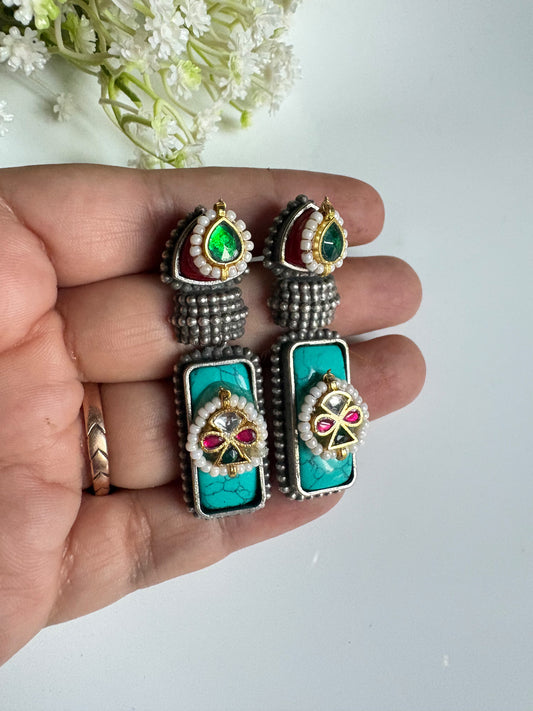 Rangrez Kundan Earrings | Turquoise, Green & Red Stone Earrings