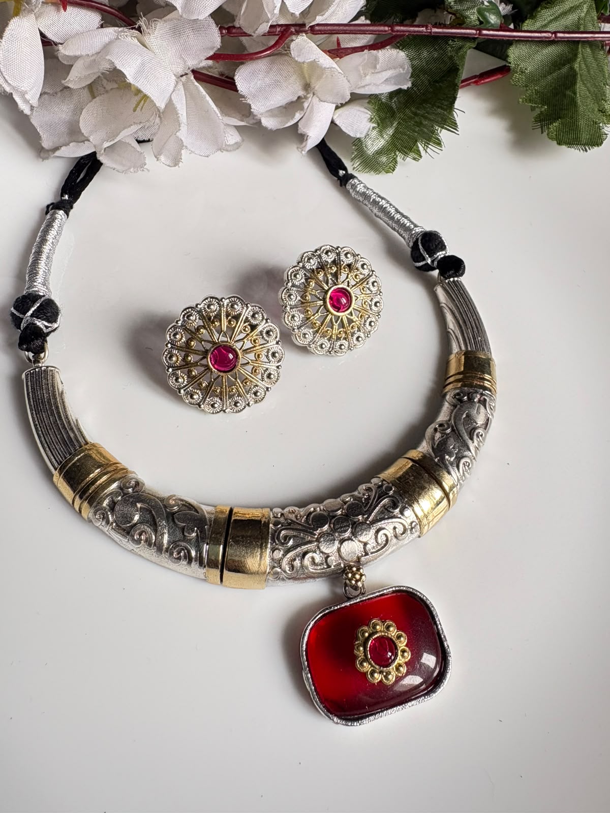 Ratnarekha Dual Tone Thread Hasli Choker Necklace Set with Earrings | Antique Silver & Gold Thread Hasli Jewellery