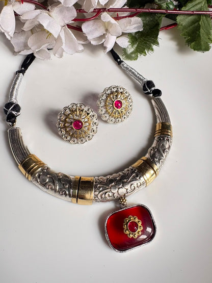 Ratnarekha Dual Tone Thread Hasli Choker Necklace Set with Earrings | Antique Silver & Gold Thread Hasli Jewellery