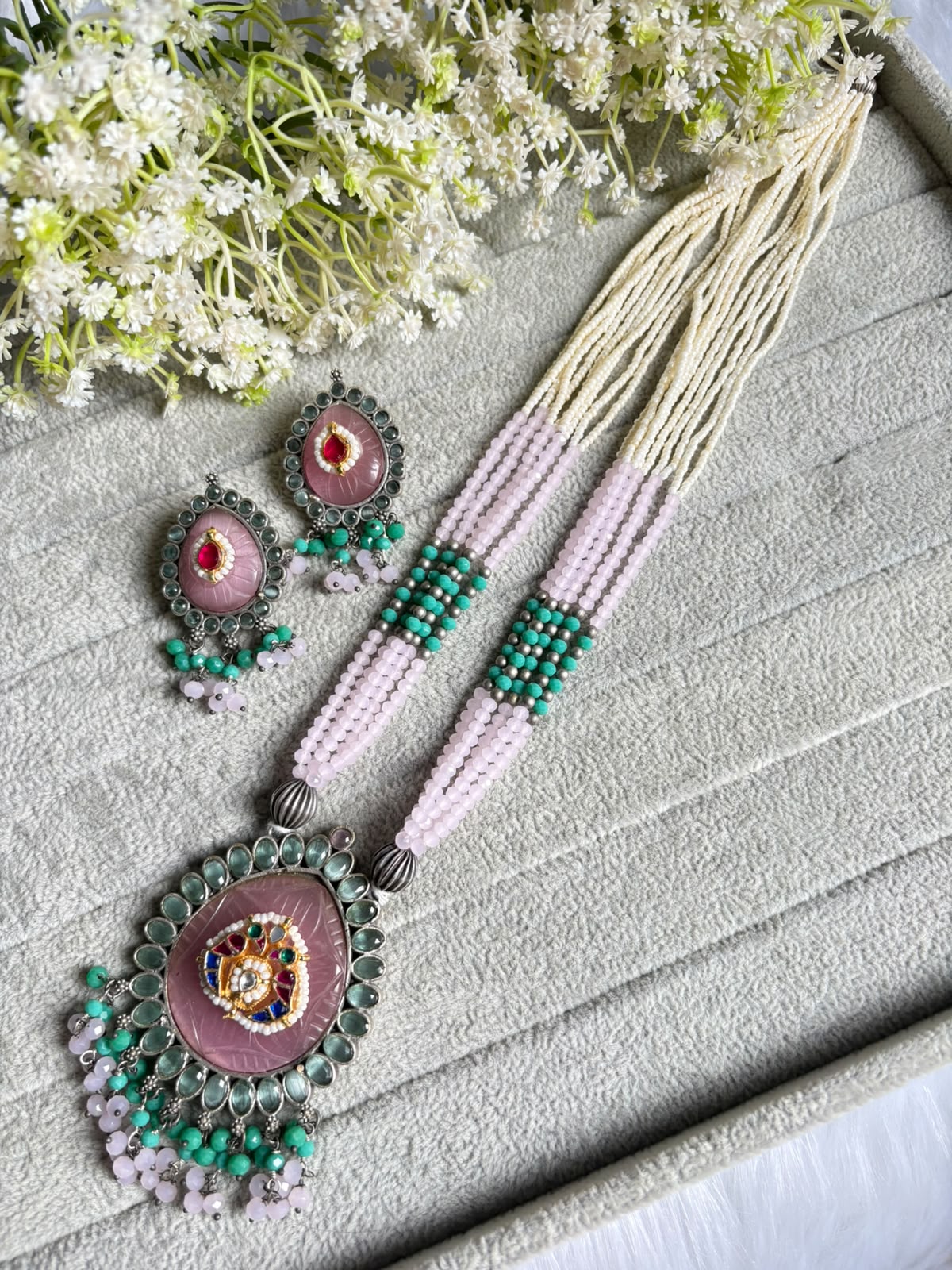 Aarohi Rangmala Kundan Fusion long Pearl Necklace with Earrings | Premium Navratri Jewellery
