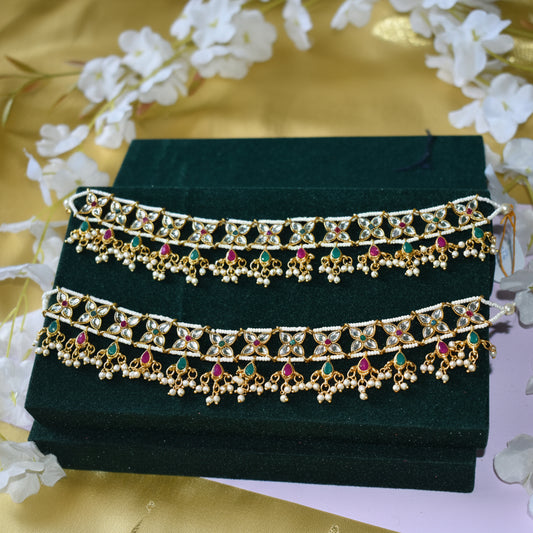 Inayra Handcrafted Multicolor Pacchi Kundan Payal with Pearl Drops Bridal Anklet in Brass and German Silver Traditional Indian Jewellery | Premium Indian Jewellery