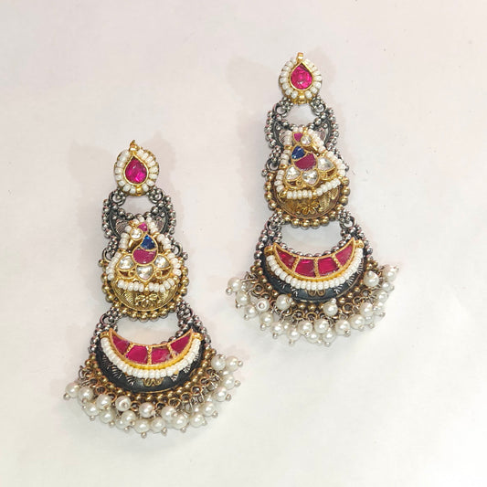 Royal Crescent Pacchi Kundan Pearl Earrings in German Silver | Alankrent Luxe