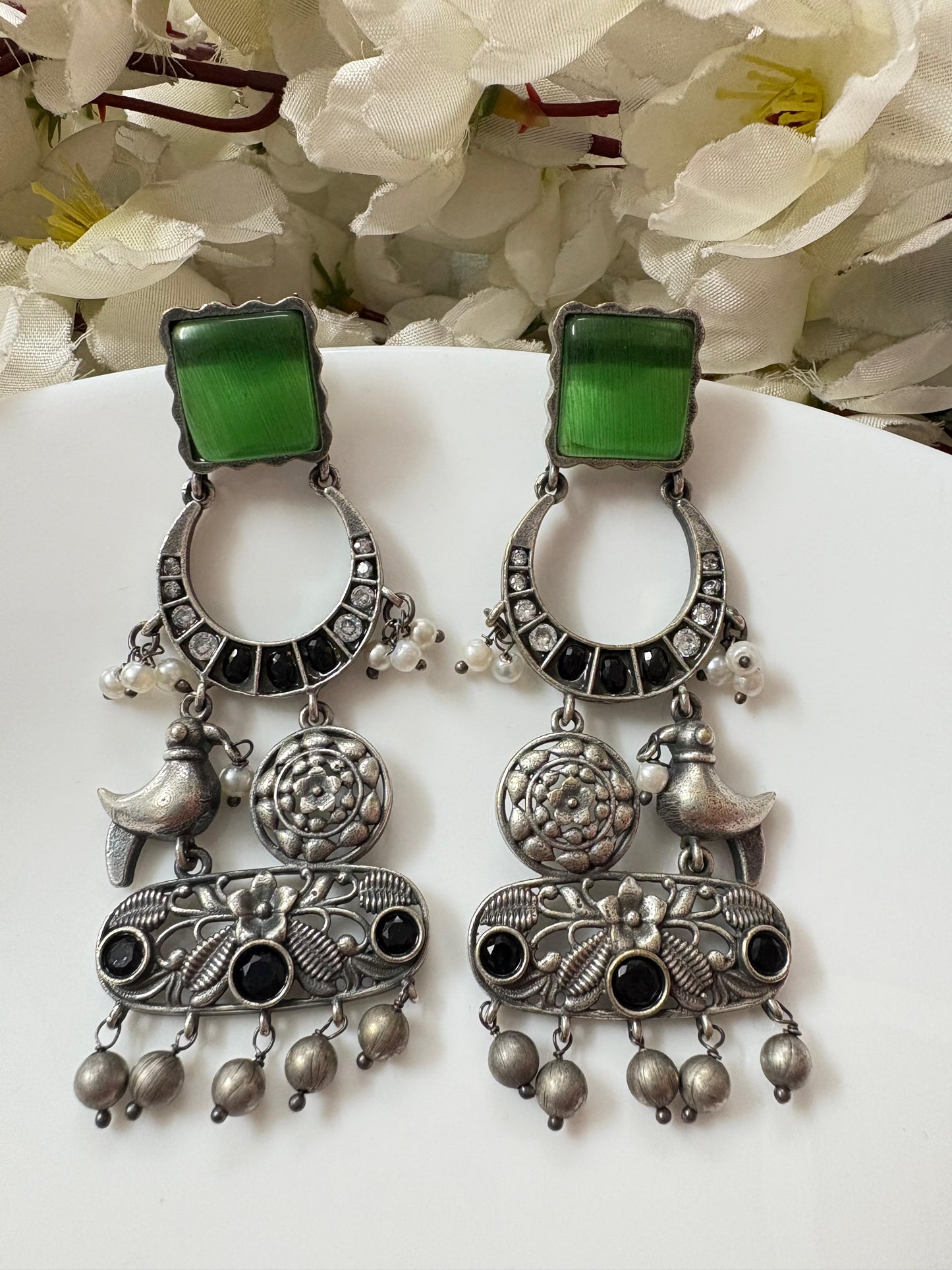 ELVORA Silver Look Statement Earrings with Bird Motif | Designer Ethnic Earrings