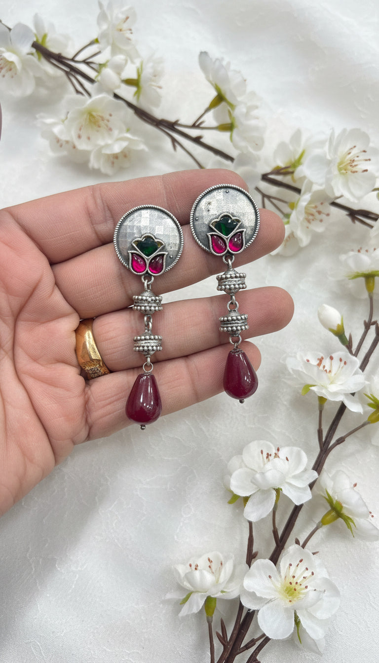 Silver Look Alike Lotus Motif Earrings | Handcrafted Brass Base with Gemstone Drops – Available in Pink, Green, Red & Yellow | Limited Edition
